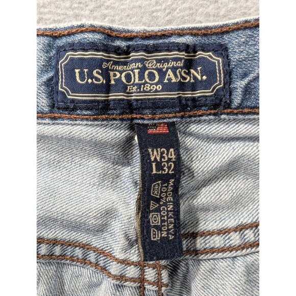 US Polo Assn Jeans Mens Size 34x32 Blue Distressed Relaxed Bootcut Whiskers - Picture 13 of 13
